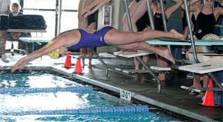 Oak Harbor’s Rachel Weinstein is off the starting block in a hurry swimming the breaststroke leg for the winning 200-meter medley relay team. Weinstein also won the 400-meter freestyle in Tuesday’s three-way meet with Glacier Peak and Snohomish.