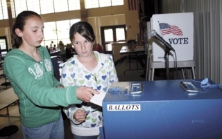 LEFT: North Whidbey Middle School sixth-graders Sydney Ericksen and Mollie Bridell cast votes during school elections. The Island County Auditor’s Office provided ballots