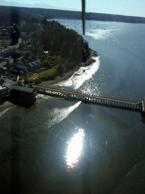 The sheen of diesel fuel from a sunken crab boat in Penn Cove has spread to the Coupeville Wharf and prompted state officials to close the area to shellfish harvesting.