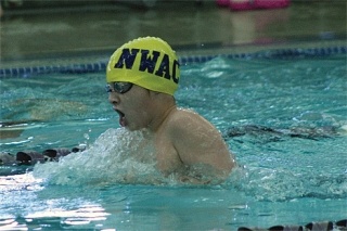 Brett T. Vagt swims the breaststroke leg of the boys 13- to-14-year-old 400 individual medley at the Kamiak Age Group Invitational.