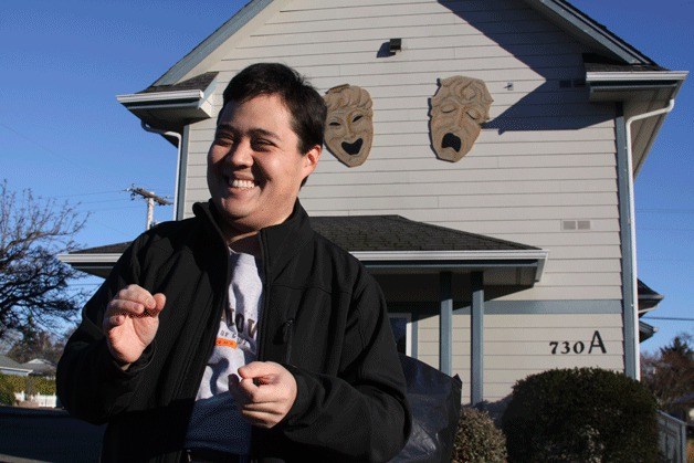 Theater actor Thomas Clatterbuck of Oak Harbor clowns around in the parking lot of the Whidbey Playhouse recently. Clatterbuck won a contest last month that sent him and a friend to Los Angeles to shoot a video clip with Hollywood director Judd Apatow.