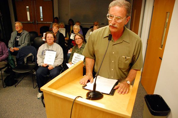 Oak Harbor resident Marshall Goldberg addresses the Island County commissioners in Coupeville. Goldberg is a member of Citizens Ignited