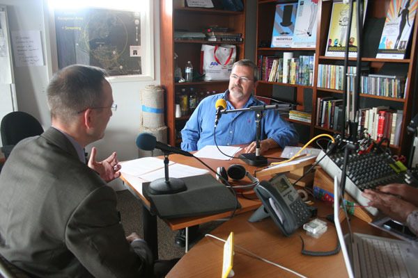 Pastor Tim Geist of the Bible Baptist Church debates with atheist activist and radio show host Tom Smith on Whidbey AIR last week Wednesday. The station promotes thoughtful and respectful debate to often fiery issues.