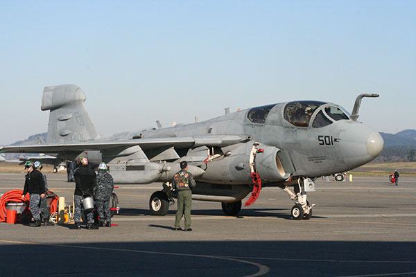 An EA-6B Prowler rests at Whidbey Island Naval Air Station after a recent squadron return.