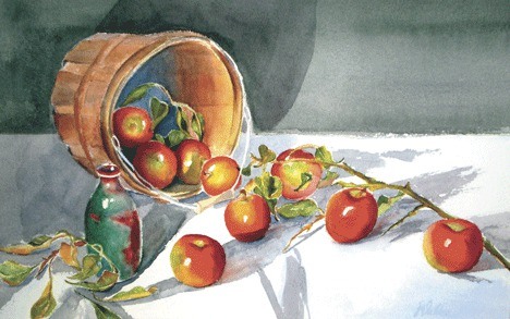 Jeanne Valdez’s painting titled “Apple Barrel will be on display at Garry Oak Gallery’s First Friday event.