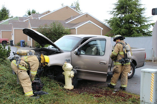 A Ford truck went off the road in Oak Harbor Friday morning.