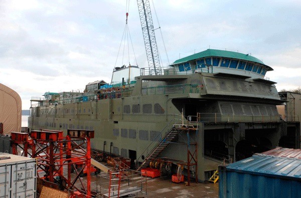 The superstructure of a Washington state ferry is under construction at the Nichols Brothers Boat Builders yard in Freeland on Whidbey Island.