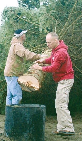 Staff sergeants Michael Reith and Roger Hathaway help place the community Christmas tree into its holiday spot on Pioneer Way. The volunteers are members of the Marine Aviation Training Support Group 53 at Whidbey Island Naval Air Station.