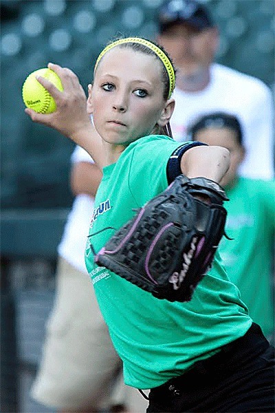 Kaylee Andersen zeroes in on the target in the throwing portion of the Pitch