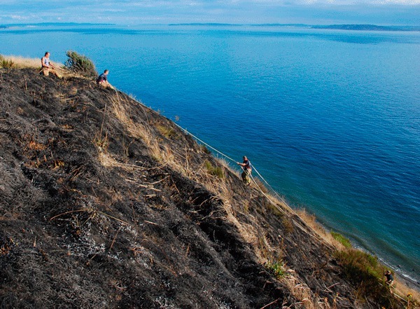 North Whidbey Fire and Rescue firefighters Marc deLeuze and Bill McArthur assist Joe Barney and Karissa Lawson climb back up the bluff in Fort Ebey State Park Wednesday after a fire claimed about three acres of grassland.