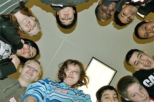 New students at North Whidbey Middle School and their student guides take a break from lunch for a little fun and camaraderie.