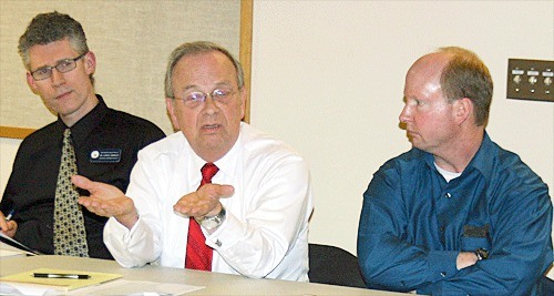 Oak Harbor School Board member Gary Wallin asks how to frame the needs of the school district for the 2013 levy at the Monday school board meeting. Assistant Superintendent Lance Gibbon