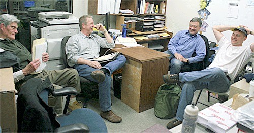 Commissioners for the North Whidbey Park and Recreation District chat after interviewing candidates being considered for the vacant executive director position. The elected board is scheduled to make a decision Thursday