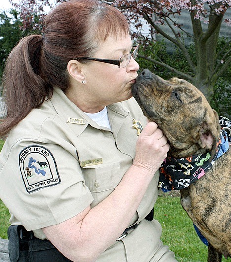 Island County Animal Control Officer Carol Barnes gets some affection from Tessa