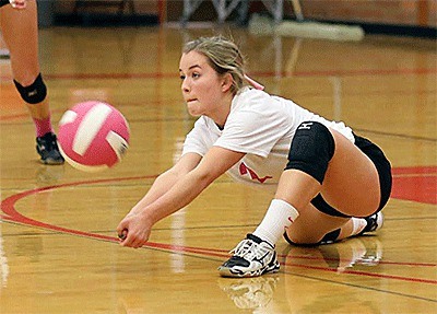 Valen Trujillo records one of her 16 digs in the win over Chimacum.