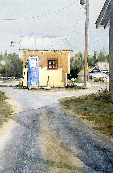 Watercolorist William Hook’s painting of a gas pump on the Freeman Boyer Farm appeared at the first preservation art exhibition at the Pacific Northwest Art School. BELOW: Artist Jim Short created “Natural Edge Oak Box