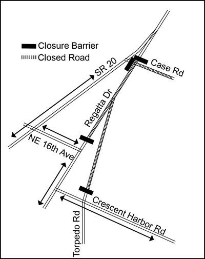 Map of road closures on Torpedo Road and Regatta Drive.