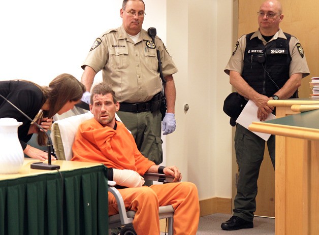 Oak Harbor resident Jeromy Ladwig appeared to be injured and disoriented in Island County Superior Court Wednesday. He was arrested in suspicion of vehicular homicide.