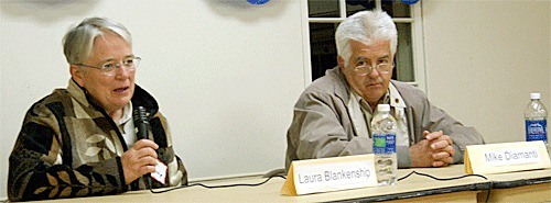 Port of Coupeville commissioner candidates Laura Blankenship and Mike Diamanti discuss the Greenbank Farm during a forum Tuesday night sponsored by the Whidbey Island League of Women voters.