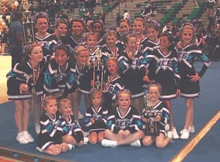 Island Cheer Extreme Athletics’ ICE team shows off the trophies won Jan. 10 at the Sequoia Invitational in Kentwood.