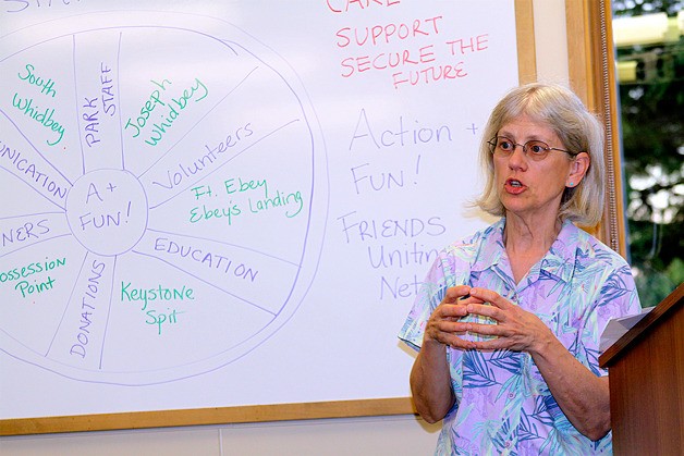 Margie Parker talks about how a new state parks friends group is coming together Tuesday night at the Coupeville Library.