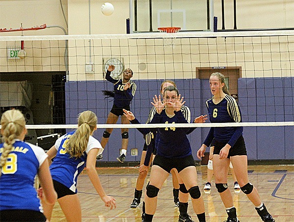 Janae Payne (10) serves for Oak Harbor as her teammates rotate.