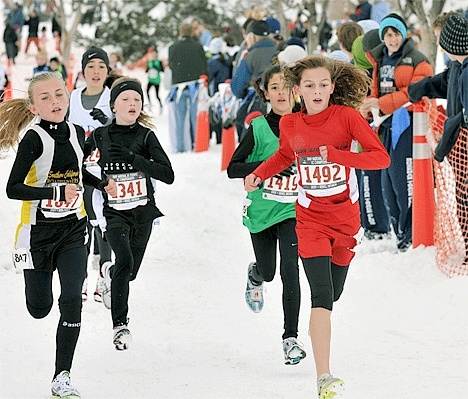 Laura Rodeheffer (1492) takes off after the leaders in the national Junior Olympic cross county championships in Reno.  Rodeheffer finished third in the race on a course that was covered by six inches of snow.