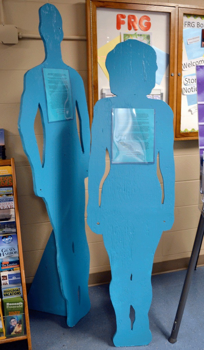 Wooden cutouts like these have been placed at various locations around Naval Air Station Whidbey Island in observation of Sexual Assault Awareness Month. Attached to each cutout is a story from a victim of sexual assault.