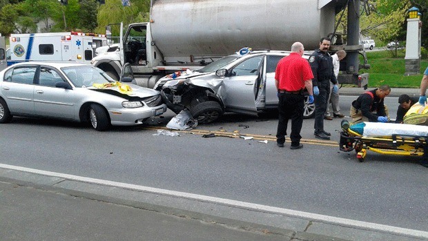 At least one person was injured in a car crash on Highway 20 in Oak Harbor this afternoon.