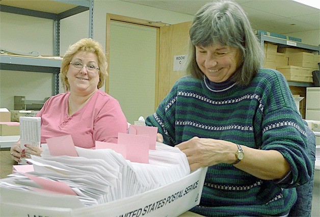 Elections workers Susan Hamilton and M’lissa Christopherson prepare ballots to be mailed for school district levy elections that are scheduled in February. Oak Harbor and the South Whidbey school districts have measures on the February ballot.