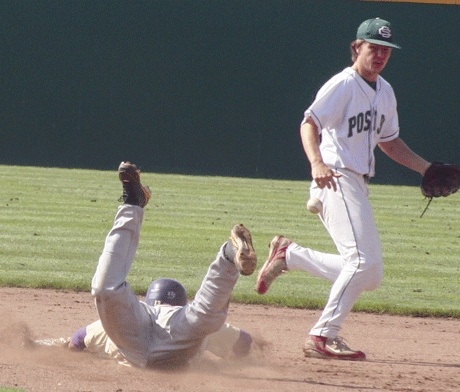 Sam Wolfe steals second base in the AA American Legion Tournament against Stanwood. It’s 90 feet