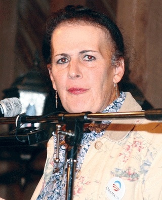 Paula Spina speaks at a rally held at the Crockett Barn last summer. The Island County Commissioners approved a replacement for her seat on the Historical Review Committee.