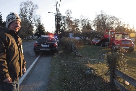 The driver of a cherry-red 2000 Mercury Cougar attempted to run from an Oak Harbor police officer Wednesday and ended up crashing into an apple tree in Neal Noorlag's front yard. The driver