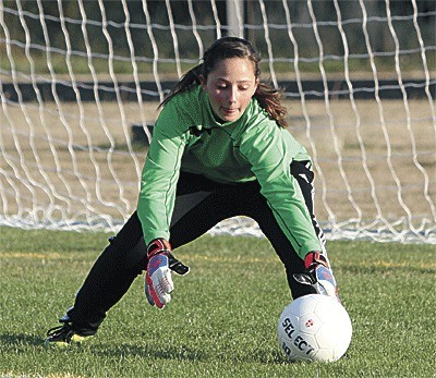 Coupeville keeper McKayla Bailey stops a shot against Lakewood Thursday.