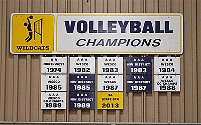 Coupeville High School hopes to mount championship tiles similar to these at Oak Harbor High School in its gymnasium this fall.