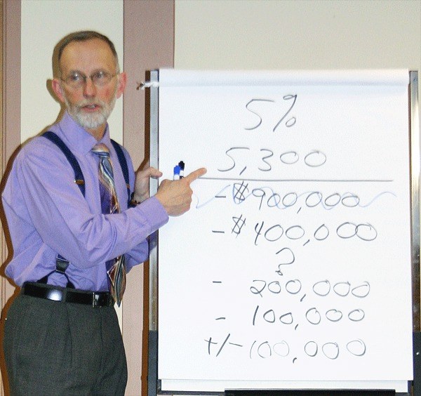 Superintendent Rick Schulte explains the current budget to the Oak Harbor School Board and community members at the first budget meeting Feb. 21.