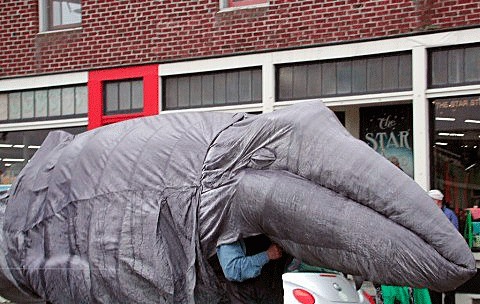 Gary the 20-foot gray whale puppet joins in the critter parade during last year’s Welcome the Whales Day celebration.