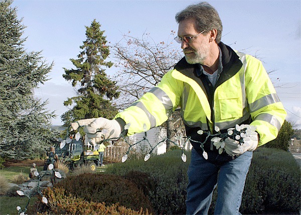 Coupeville Public Works Superintendent Larry Smith strings lights in preparation for the Greening of Coupeville