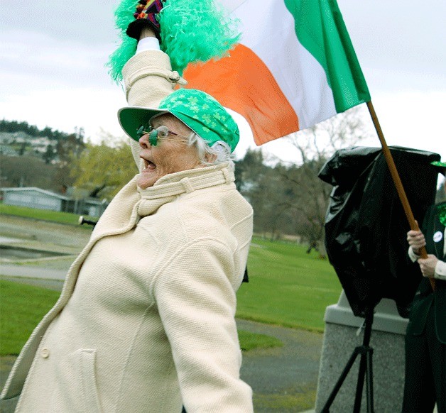 Oak Harbor resident Helen Chatfield-Weeks leads the crowd in a “hip