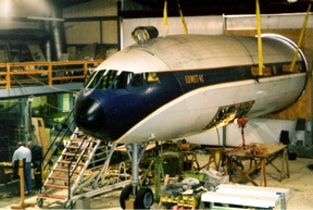 Parked with its nose inside the restoration facility of the Museum of Flight at Paine Field