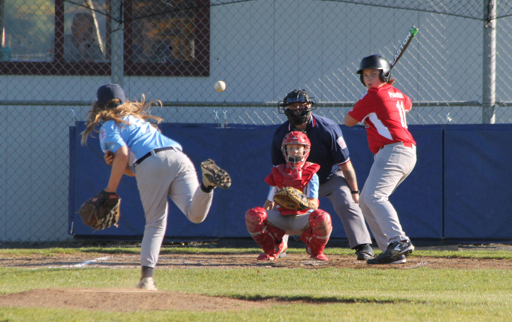 The Angels’ Keegan Wade-Parker waits for a pitch from Nathan Ginnings. (Photo by Jim Waller/Whidbey News-Times)