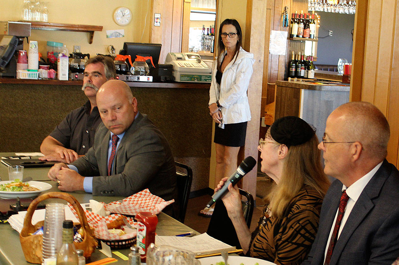 Photo by Patricia Guthrie/Whidbey News-Times                                Reece Rose starts Friday’s forum with sheriff candidates Rick Felici (second from left) and Lane Campbell (right) who answered questions during a lunch.                                Reece Rose starts Friday’s forum with sheriff candidates Rick Felici (second from left) and Lane Campbell (right) who answered questions during a luncheon at Holmes Harbor Rod & Gun Club. Photo by Patricia Guthrie/Whidbey News Group