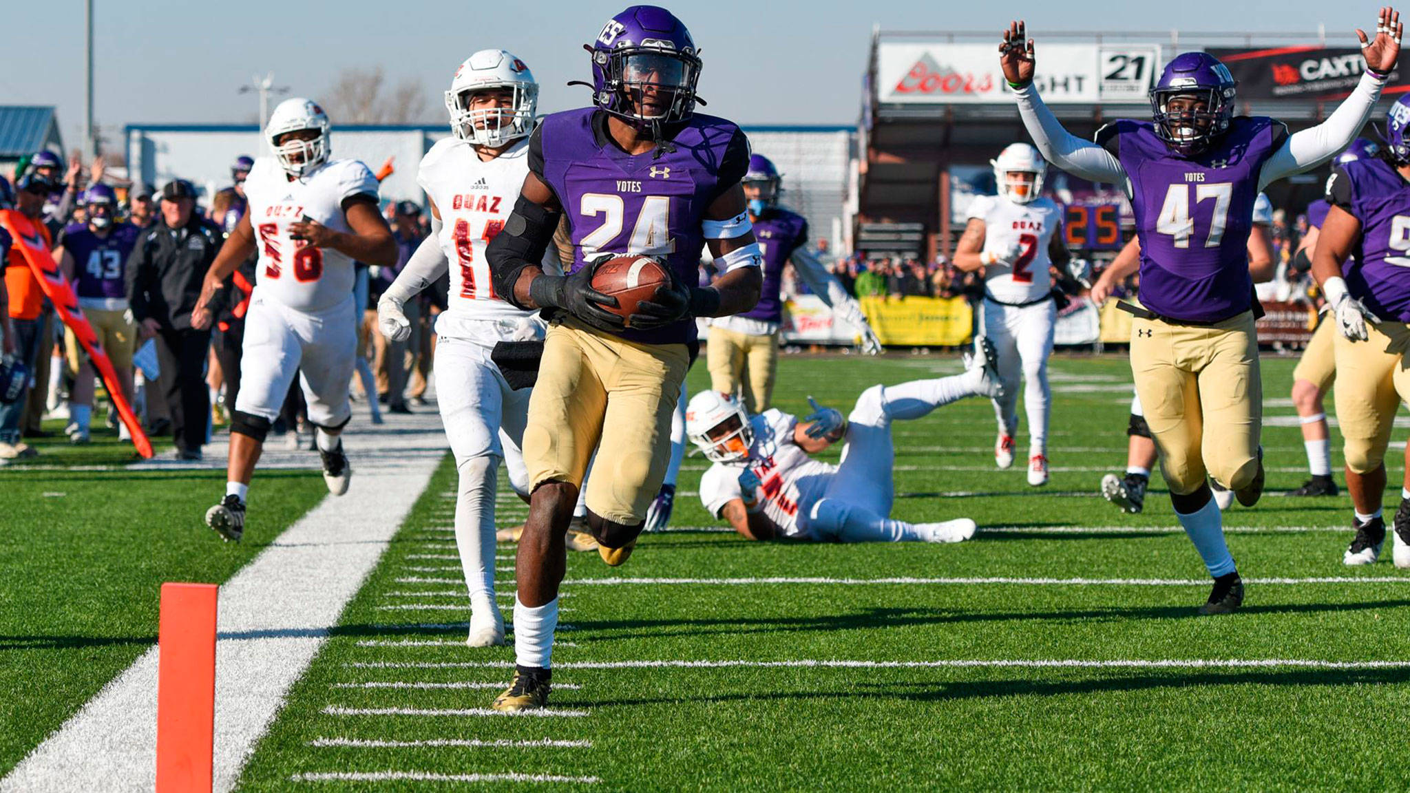 Oak Harbor graduate Taeson Hardin returns an interception for a touchdown for the College of Idaho this fall. (Photo by Adam Eschbach/C of I Communications)