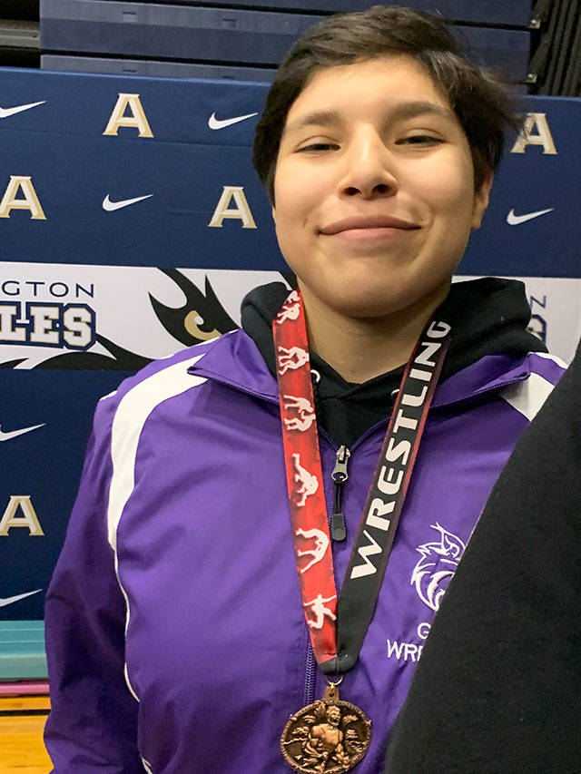 Oak Harbor’s Adelina Lopez shows off her third-place medal from the Highway 9 Championships. (Submitted photo)