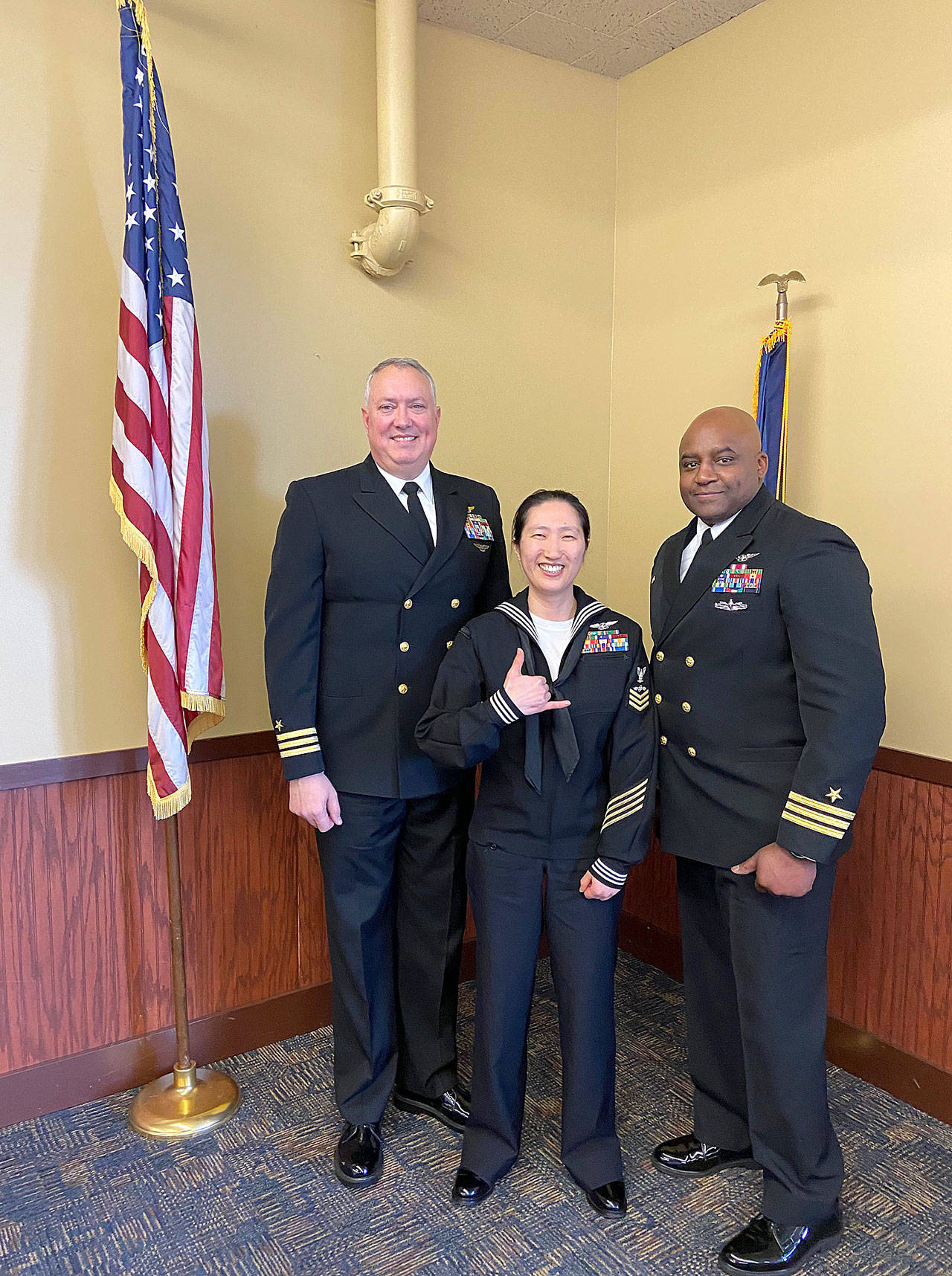 Photo provided                                Navy League/Rotary Shore Sailor of the Year, AT1 Lina Lim, of the Center for Naval Aviation Technical Training Unit, Whidbey Island poses with her commanding officer, Cmdr. Marvin Harris, right, and her executive officer, Cmdr. Richard Killian.