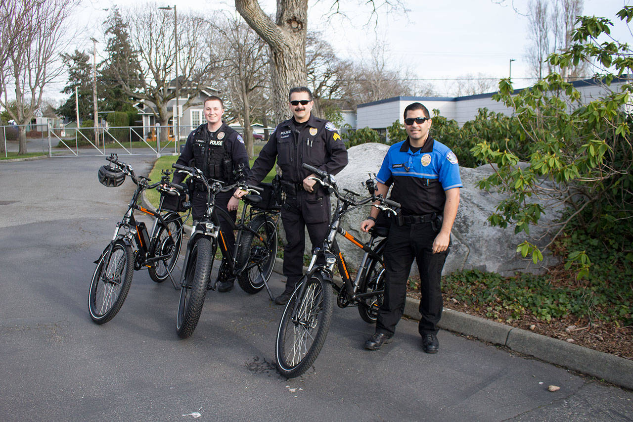 Photo by Brandon Taylor/Whidbey News-Times                                From left, Officer Scott Johnson, Sergeant Jim Hoagland and School Resource Officer Jeremy Andreano will use the new electric bikes to patrol downtown Oak Harbor, parks and residential areas.