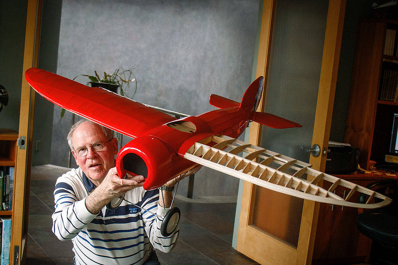 Photo by Georgia Edwards                                David Welton has been building a 1/6 scale model of a 1916 Bristol M-1C, a British WW1 fighter named “Red Devil.” With more time spent at home recently, he estimates the project will be finished within the next few weeks. For story, see page A2.