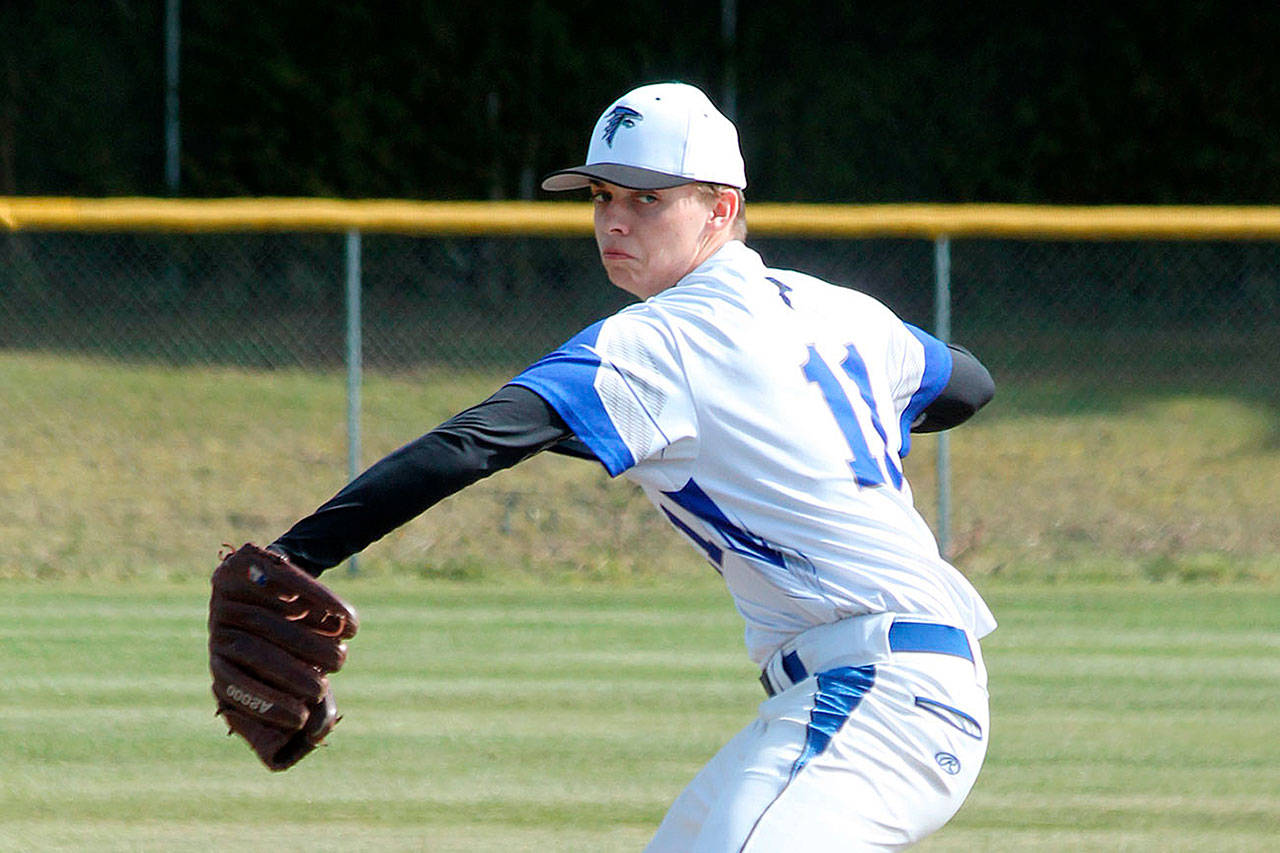 Ethan Petty gets ready to throw a pitch for South Whidbey in 2019. (Photo by Jim Waller/Whidbey News-Times)