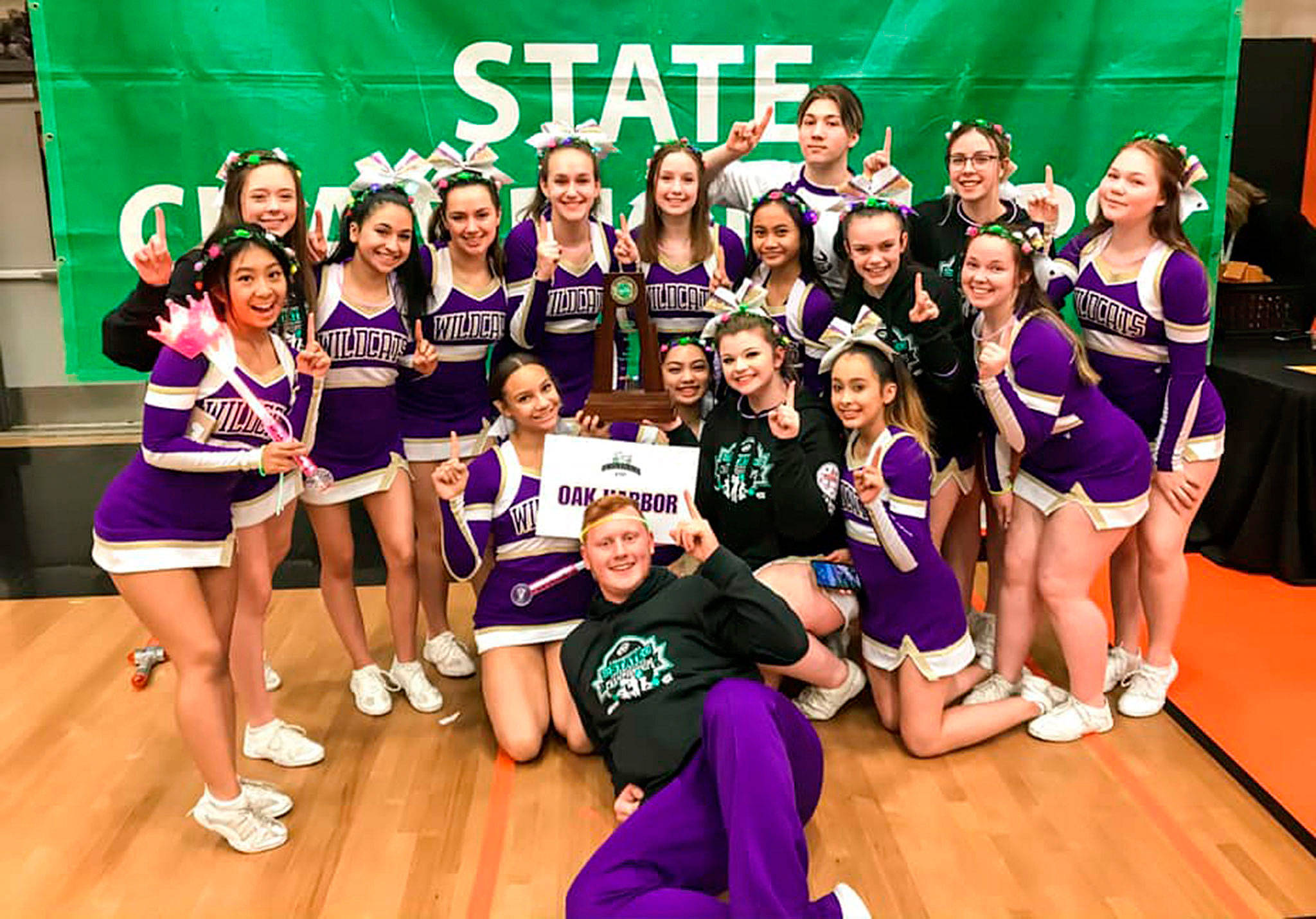 The Oak Harbor High School cheer team captured first in its division at the state tournament this year. (File photo)