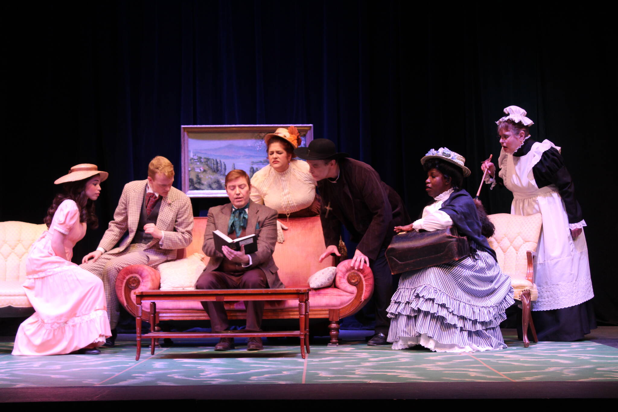 Photos by Karina Andrew/Whidbey News-Times
From left, cast members Marianne Campos, Jim Waters, Andrew Huggins, Shealyn Christie, Gary Gillespie, Allenda Jenkins and Lisa Judd rehearse for opening night next week.